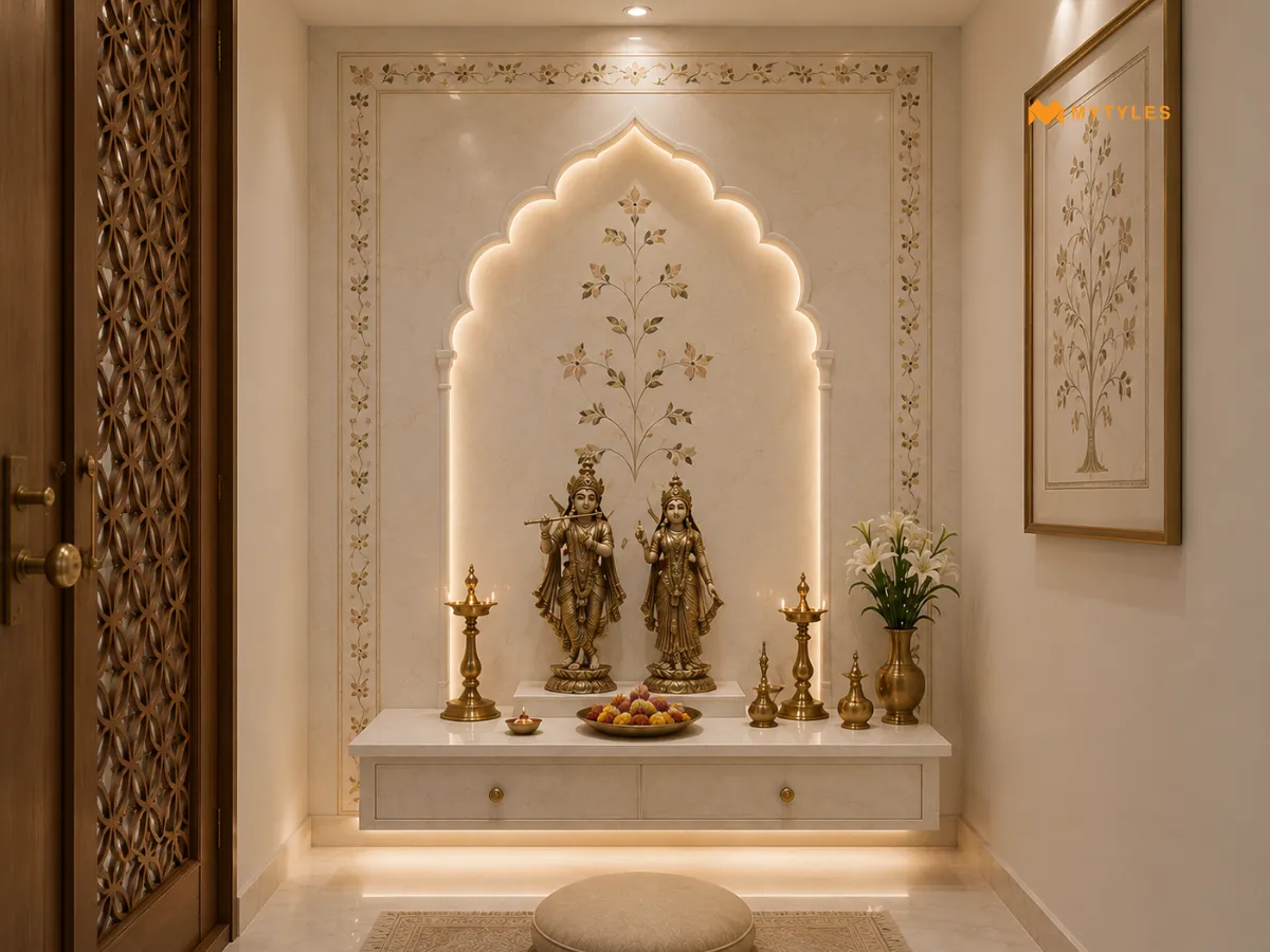 Minimal Inlay Tiles for a Small Pooja Room